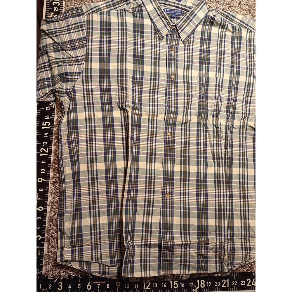 Savile Row Mens XL Short Sleeve Button Down Shirt Plaid Blue Green Cotton Blend